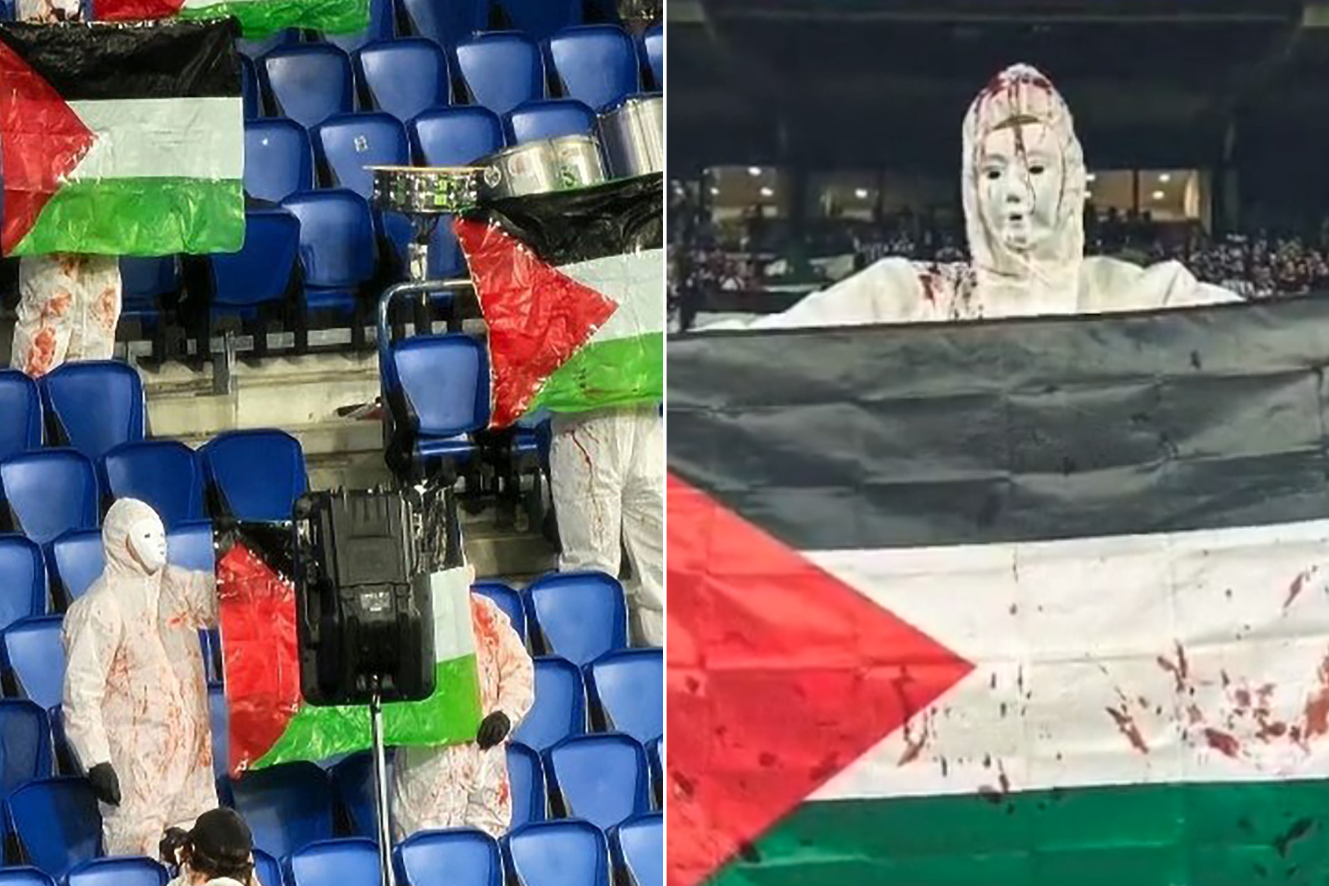 ملابس ملطخة باللون الأحمر وأعلام فلسطين.. تضامن مؤثر من جماهير سوسيداد مع غزة | رياضة – البوكس نيوز
