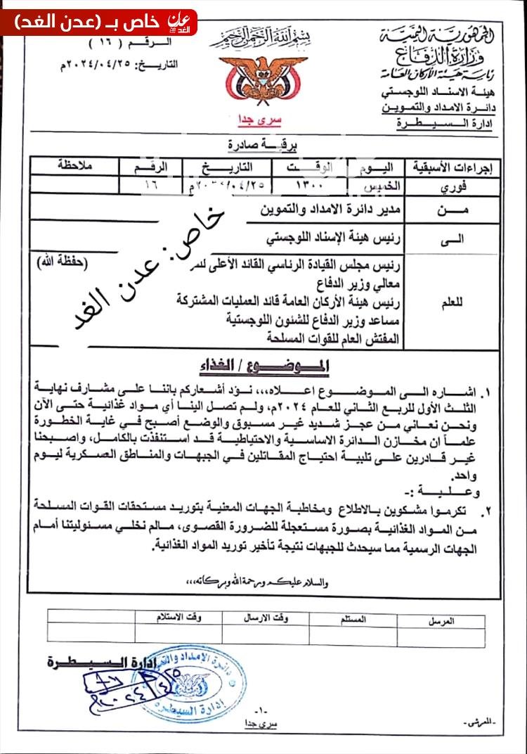 برقية رسمية تحذر من نفاد الغذاء الخاص بقوات الجيش وتخلي مسوؤلية دائرة الامداد والتموين
